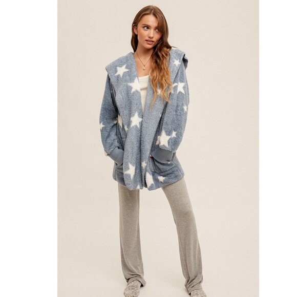 NEW Boutique Hooded Star Teddy Jacket Cozy Sherpa Fleece Weekend Furry Soft Warm - Picture 5 of 7